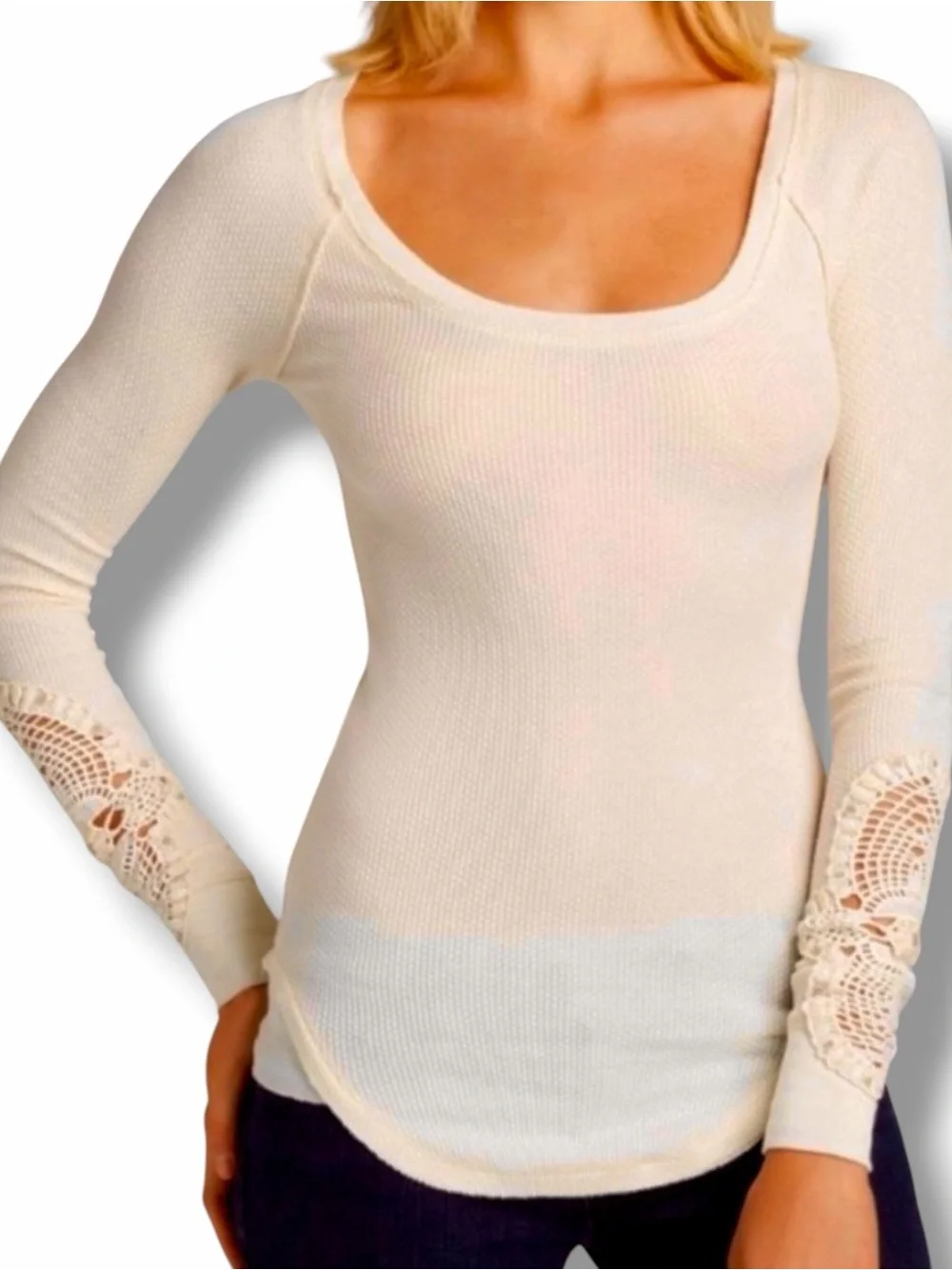 Free People Synergy Thermal Top Embroidered Lace Cuffs Size Large Cream